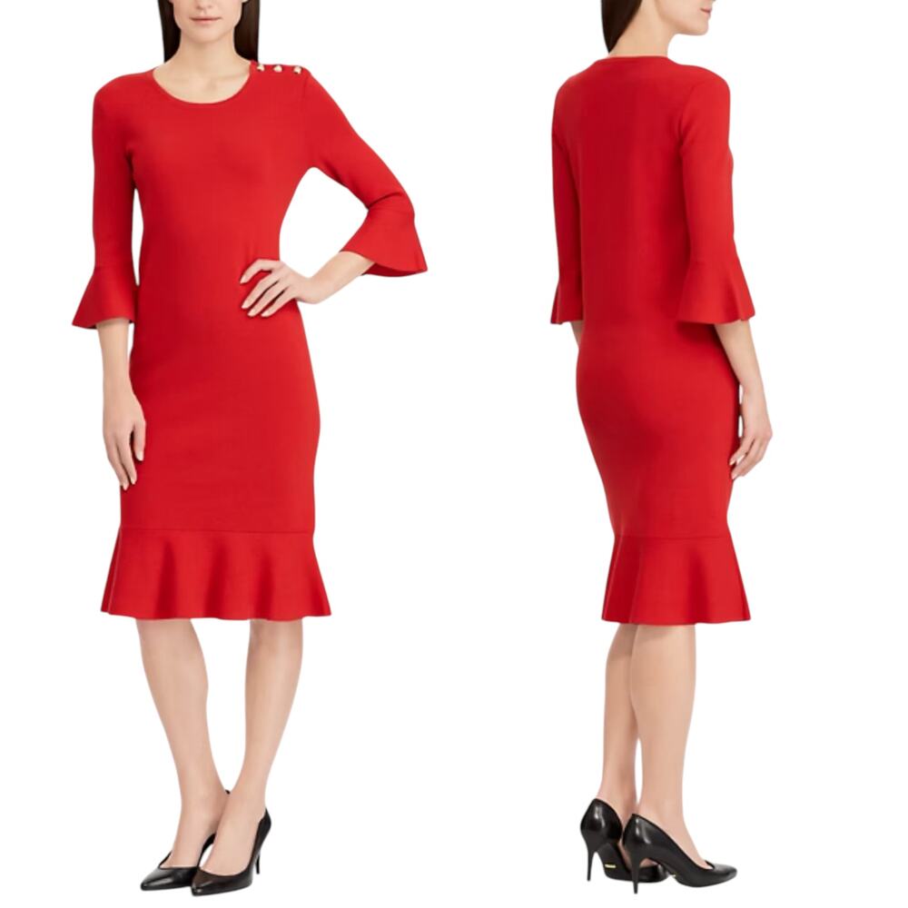 Ralph Lauren Ruffled Cotton-Blend Dress L Red Stretch New